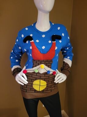 Festive Blue Women's Novelty Sweater with Chimney Design